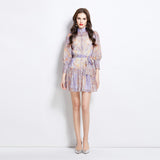 New women's clothing 2025 spring and summer vacation new ethnic style stand-up collar lantern sleeve printed short dress
