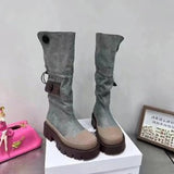 2025  High boots cowboy blue popular new British knight boots thick heel boots