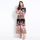 Popular trade export court style retro flower printing stand-up collar long-sleeved ruffle edge long skirt chiffon two-piece set