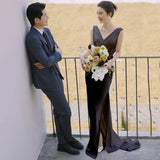 2025 light wedding dress Mori series simple travel photo v-neck fashion sense white thin small trailing tail welcome door dress