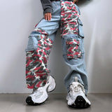 2025 Cross-border Popular trade 2025n high street camouflage splicing jeans women's winter new loose wide-leg jeans high sense