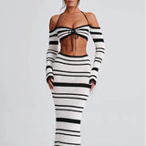 2025 HULIANFU popular New   Spice Girls Women's Clothing Suit Summer Stripe Long Sleeve Neck Top Skirt Two-piece Set Women