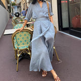 2025 spring and summer new linen shirt top wrap skirt set