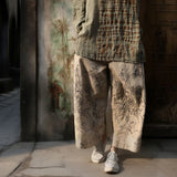 Shan Qian Nianyi, enjoy life slowly, hand-rubbed cotton and linen casual pants, literary and retro old printed wide-leg pants