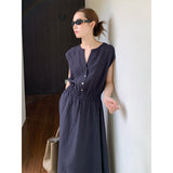 2025 THE MIND Tencel linen V-neck dress 2025 summer new waist and thin A-shaped long dress T5025X