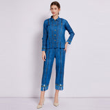 Miyake imitation denim print pleated suit women's popular spring and autumn fashion casual short jacket pants two-piece set thin