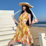 2025 Sexy deep V backless yellow floral suspender skirt summer seaside vacation dress travel wear beach skirt