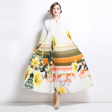 high-end elegant dress women's fashion beaded round neck hollow pleated lantern sleeve waist printed long dress