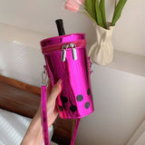 HULIANFU 2025 High-value milk tea cup bag women's summer new metal patent leather polka dot bucket bag ins wind cute messenger bag