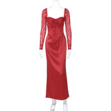 HULIANFU 2025 New spring new temperament slim-fit chest-wrapped lace-up waist splicing lace long-sleeved hip-wrapped dress women