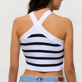 HULIANFU New  2025 summer new striped cross-neck sexy knitted bottom tube top outer vest women's clothing