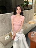 2025 summer new versatile round neck bottoming knitted sweater three-dimensional flower short-sleeved T-shirt women's top 25E05