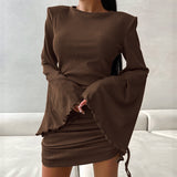 2025 Autumn sexy temperament fashion crew neck flared sleeve tight lace-up dress  knitted solid color skirt