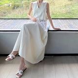 2025 spring and summer simple flower bead sleeveless dress skirt designer vacation v-neck loose vest dress