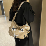 HULIANFU 2025 Women's bag new large-capacity canvas casual messenger five-pointed star contrasting color drawstring Korean version shoulder bag student satchel