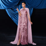 2025 high-end temperament sexy flying sleeves round neck sequined banquet evening dress bridesmaid dress women