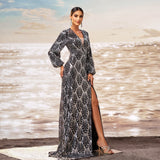 2025 new high-end long-sleeved V-neck banquet sequined hip-wrapped split evening dress bridesmaid dress women