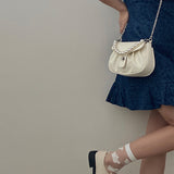 HULIANFU 2025 Celebrity style bag female new white pearl handbag fairy temperament chain crossbody pleated cloud bag