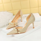 2025 8829-A1 Korean version high heel shallow mouth pointed side hollow cloth plaid pearl metal chain thousand bird grid single shoes