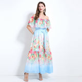 celebrities have a high sense of temperament, one-word shoulder ruffle edge splicing waist and thin elegant printed chiffon dress