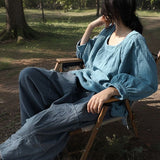 Shan Qian Nianyi, the texture of spring and autumn is quite wide, loose wide-leg pants, literary and retro washed cotton and linen old casual pants