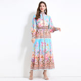 Popular trade women's clothing 2025 court style retro flower printing long-sleeved ruffle edge long dress chiffon two-piece set