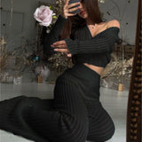 HULIANFU New autumn and winter  new knitted suit women's clothing perspective casual solid color hollow high-waisted trousers commuter suit