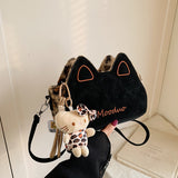 HULIANFU 2025 ins super fire cute cat leopard print plush small bag Korean version embroidered letter matte women's bag Popular style messenger bag