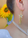 Atmospheric high-end opal flower leaf fringed earrings women's new trendy temperament long ear hook light luxury earrings