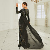 2025 high-end long-sleeved temperament V-neck sexy long sequined banquet evening dress bridesmaid dress women