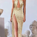HULIANFU popular Cross-border spring and summer sexy party beads irregular temperament evening dress women,  neck dress