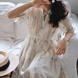 clear summer gentle wind dress, ramie floral pleated lace-up dress, Mori skirt 220622