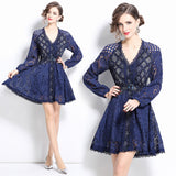 Light luxury court style bubble sleeve dress women's heavy industry hollow crochet design chic temperament medium and long skirt