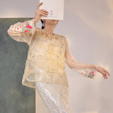 New New Chinese Style Flower Embroidery Sequins Heavy Industry Embroidery Pearl Mulberry Silk Vest Shirt Set M4133