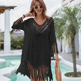 2025Cross-border Popular, , hand hook splicing fringed solid color woven hollow sunscreen bikini v-neck blouse beach dress