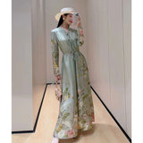 Elegant temperament, fresh waist, loose V-neck, positioning flower printing, long-sleeved pendulum dress