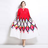 elegant dress women's fashion beaded round neck hollow pleated lantern sleeve waist printed long dress