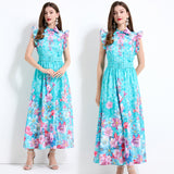 Popular trade women's clothing summer seaside vacation wind flying sleeves flower fairy print waist ruffle edge dress