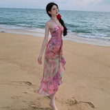 2025 Sanya Thailand seaside vacation dress Banna travel photo design halter neck floral beach dress