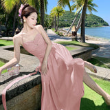 2025 Seaside vacation style sexy backless neck dress super beautiful fairy temperament long dress summer beautiful small skirt