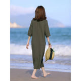 summer new fashion loose large size cotton and linen dress literary v-neck five-quarter sleeve thin solid color dress