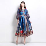 Popular trade women's clothing 2025 spring new V-neck ethnic style printed satin wrap long dress