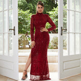 2025 long-sleeved temperament round neck sexy slim-fitting long sequined banquet evening dress bridesmaid dress women