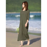 summer new fashion loose large size cotton and linen dress literary v-neck five-quarter sleeve thin solid color dress