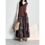 new literary and retro versatile, loose large size and thin quality cotton and linen temperament V-neck vest, coffee