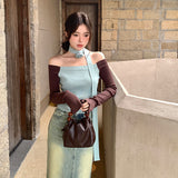 2025 popular autumn new pure desire one-word shoulder rose scarf long-sleeved knitted sweater women's top 23198