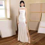 2025 simple light wedding dress bridal high-end satin tube top temperament white fishtail dress dress welcome out yarn