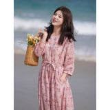 Literary and retro floral dress  summer new loose large size waist and thin temperament long dress five-quarter sleeves