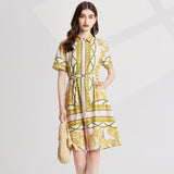 Baroque print three kinds of diamond-encrusted metal buckle elastic belt removable double door tube shirt dress with pockets