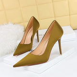 2025 1983-1 Korean version of fashionable and simple high heels, stiletto high heels, shallow mouth pointed nightclub sexy and thin satin single shoes
